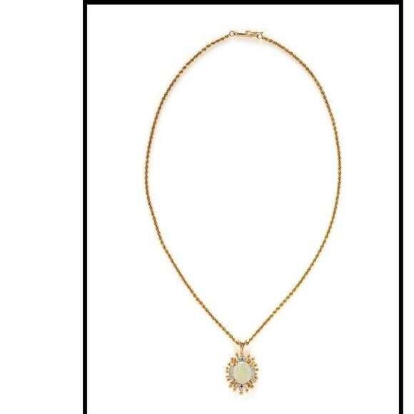 Vintage Cabochon Opal & Diamond Halo Pendant Necklace 14K Gold - Picture 2 of 4